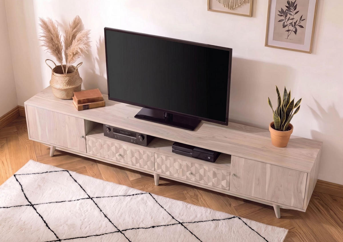 TV-BOARD Akazie 235x40x49 weiß lackiert MOSAYK #219 - Weiß, Holz (235/49/40cm) - Massivmoebel24