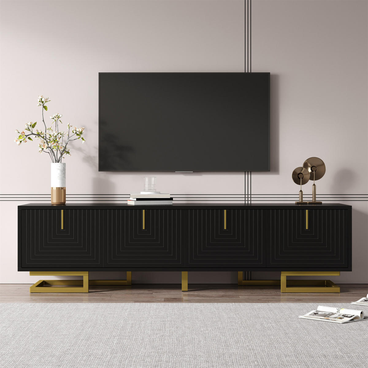 TV Lowboard 160x38x44,5 cm, Strukturfront, goldene Griffe, Schwarz - Schwarz, Holz (160/44/38cm)