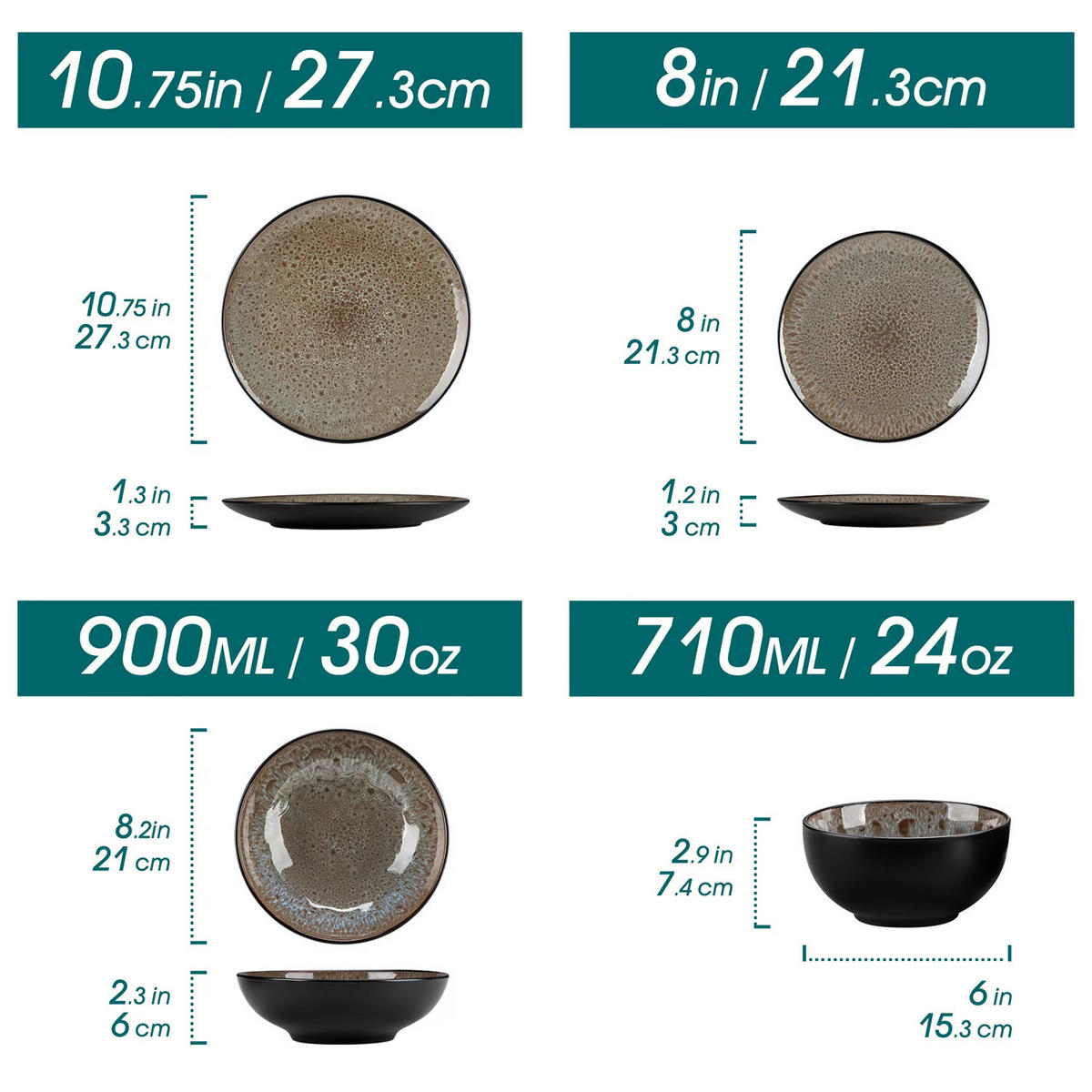 KOMBISERVICE 16-teilig aus Steinzeug, Braun, Geschirrset für 4 Personen - Schwarz, Keramik (27.3/3.3/27.3cm) - Kaket
