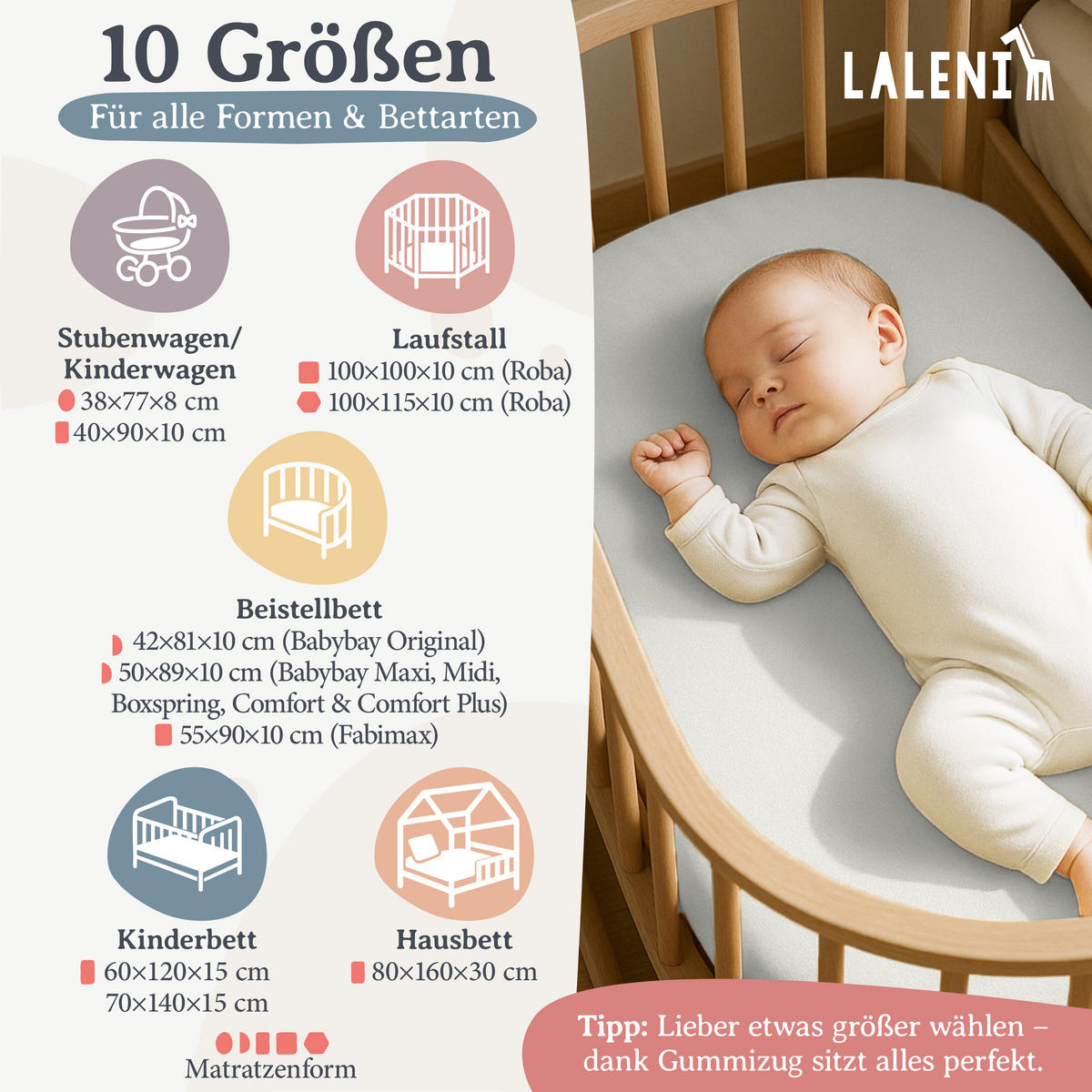 SPANNBETTLAKEN für Beistellbett & Stubenwagen – 100% Baumwolle, Atmungsaktiv & Weich, 50x89x10 cm, Elfenbein - Sandfarben, Textil (50/89cm) - Laleni