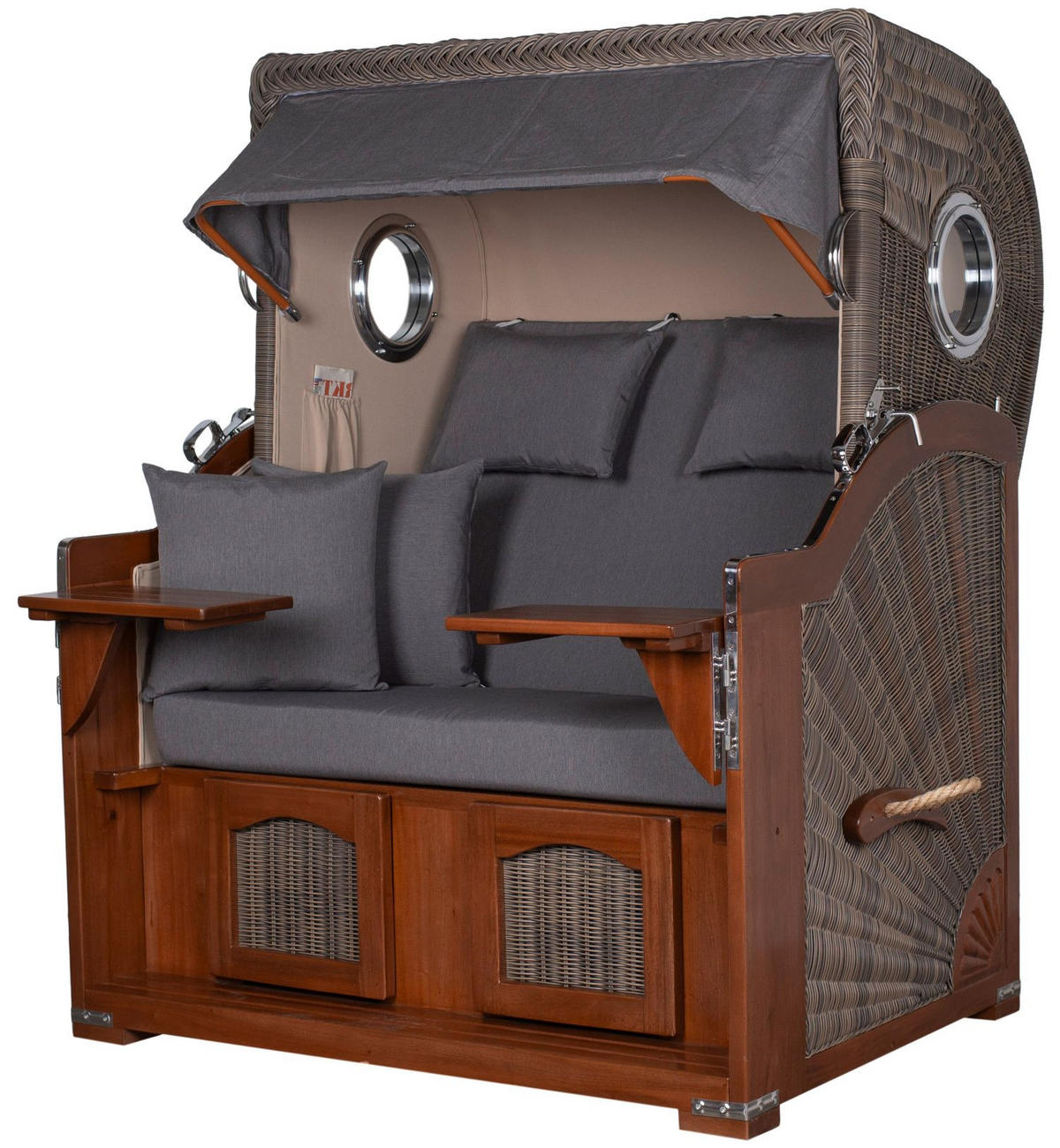 STRANDKORB Komplettset: Ammersee Mahagoni Bullauge - PE grau - Modell 551 - Grau, Holz/Kunststoff (125/165/80cm) - bene living