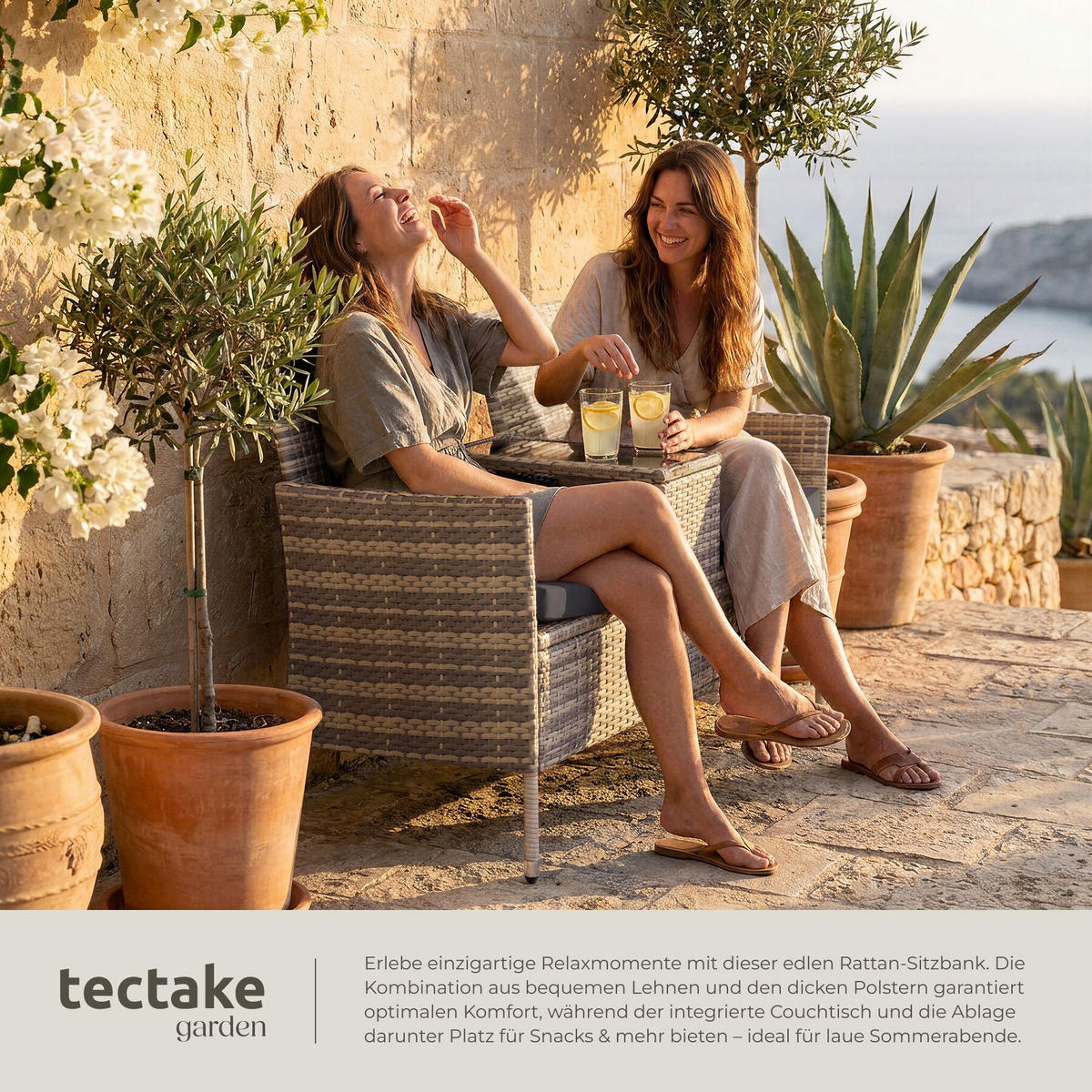 RATTAN GARTENSITZBANK Narbonne, 6 cm Sitzpolster, natur/dunkelgrau - Naturfarben, Kunststoff (61/82/131cm) - tectake