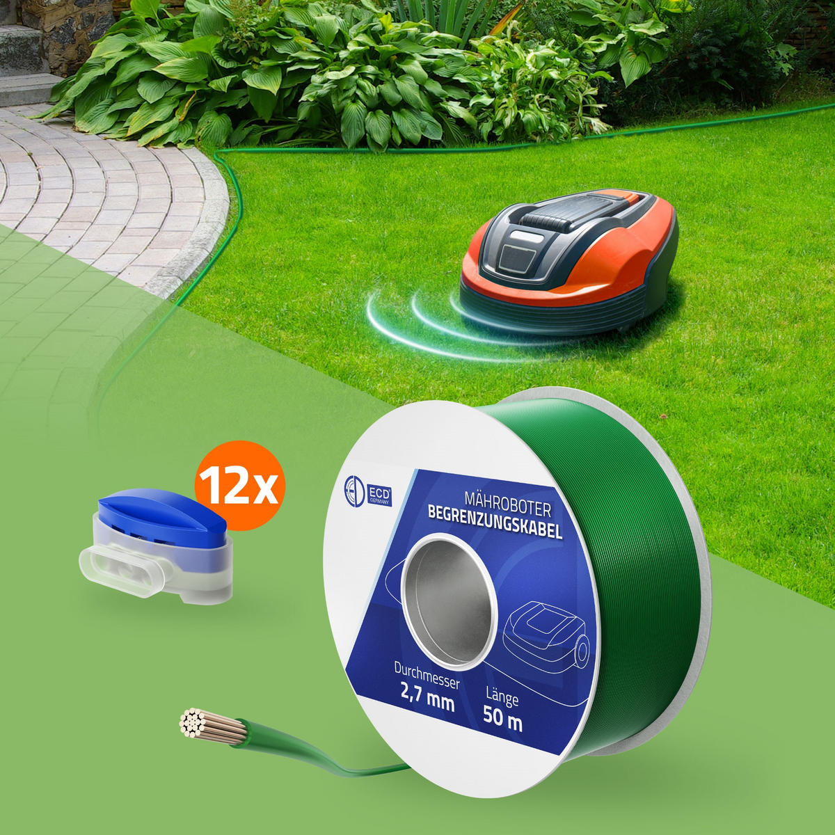 BEGRENZUNGSKABEL für Mähroboter 50m aus Kupfer verzinnt - Grün, Metall (0.27/0.27/5000cm) - ECD-Germany