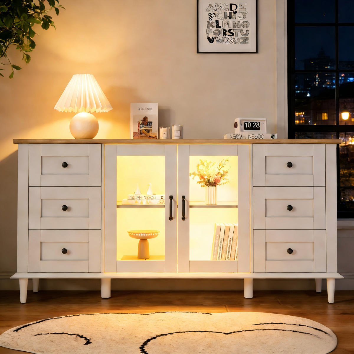 SIDEBOARD 150/40/75 cm mit 2 Acryltüren, 6 Schubladen & LED in Weiß/Holzoptik - Weiß, Holzwerkstoff (150/75/40cm) - BEAOK