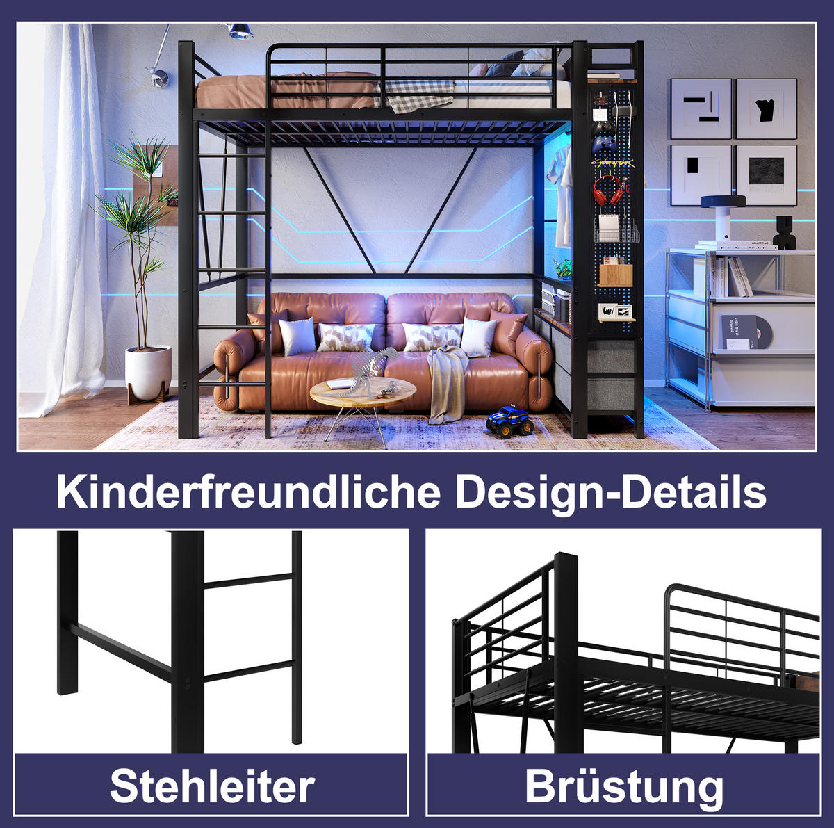 HOCHBETT aus Metall und MDF 90x200 cm Schwarz mit LED-Leiste, USB-C-Anschluss, 4 Schubladen - Schwarz, Metall (90/200cm) - IVMEU