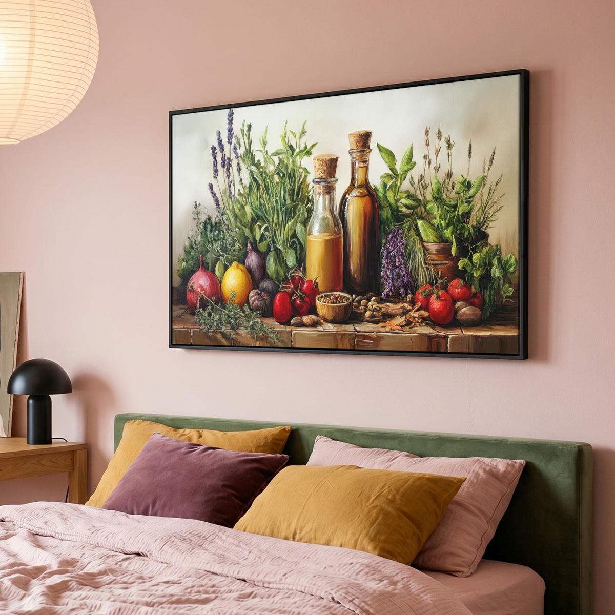 LEINWAND Bilder mit Rahmen - Stilleben - Kräuter - Gewürze - Früchte - Farbenfroh - 120x80 - Grün, Textil (120/80cm) - MuchoWow