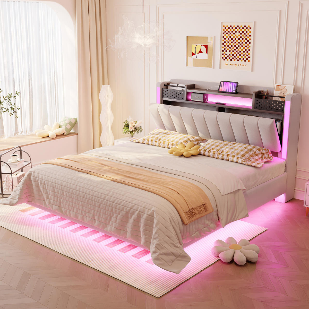 POLSTERBETT 140/200 cm beige aus Leinenstoff mit LED und USB-Anschluss mit Stauraum - Beige, Textil (140/200cm) - OKWISH