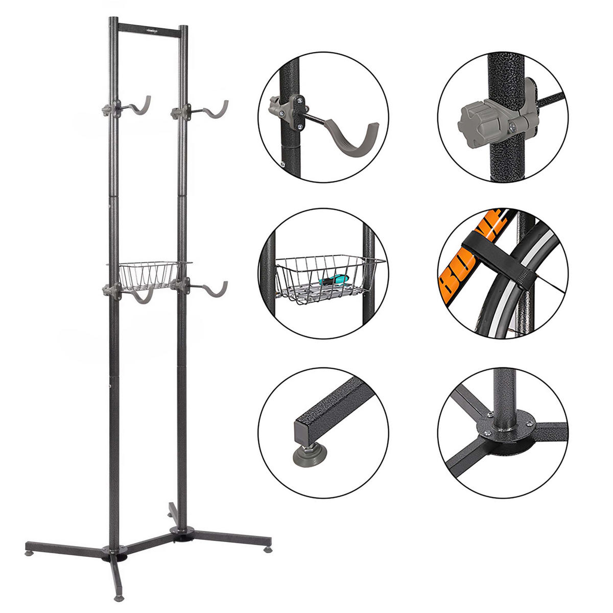 FAHRRADSTÄNDER Schwarz Grau freistehend für 4 Fahrräder Stahl mit Korb - Schwarz, Kunststoff/Metall (75/210/61cm) - Relaxdays