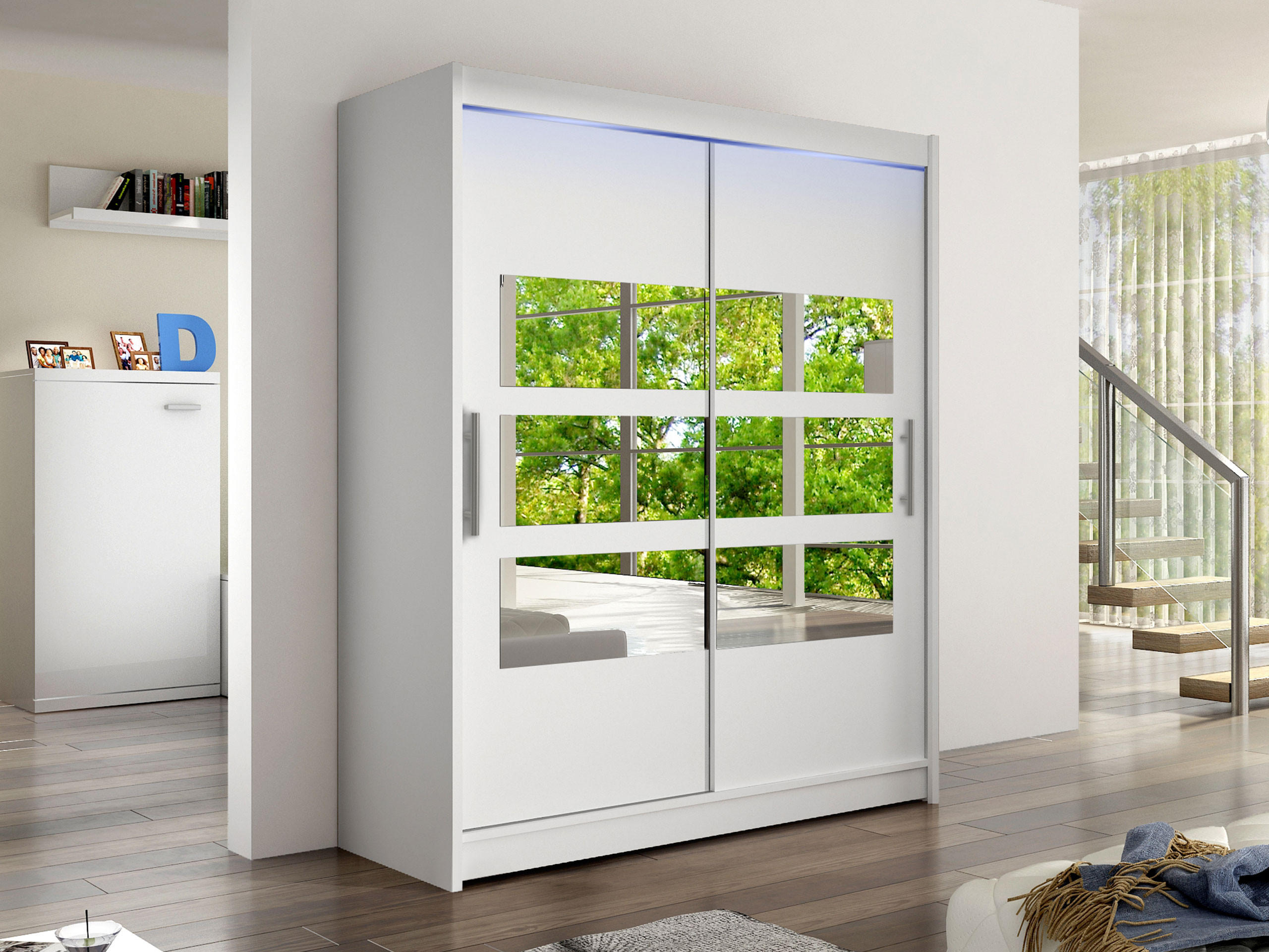 SCHWEBETÜRENSCHRANK Westa VII, mit RGB LED Beleuchtung - Silberfarben/Weiß, Holzwerkstoff/Metall (150/200/58cm) - MIRJAN24