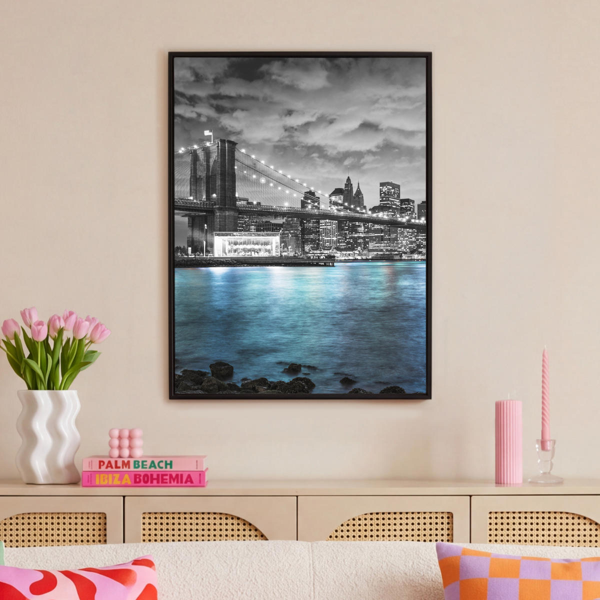 LEINWAND Bilder mit Rahmen - New York - Skyline - Stadt - Blau - 70x100 - Blaugrau, Textil (70/100cm) - MuchoWow