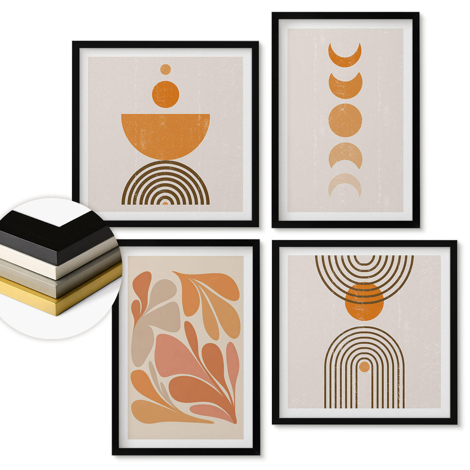 WANDBILDER 4er-Set - 50x50 cm & 40x60 cm Schwarzer Rahmen - Abstrakte orange Formen - Schwarz, Kunststoff (50/50cm) - ArtPrintCave
