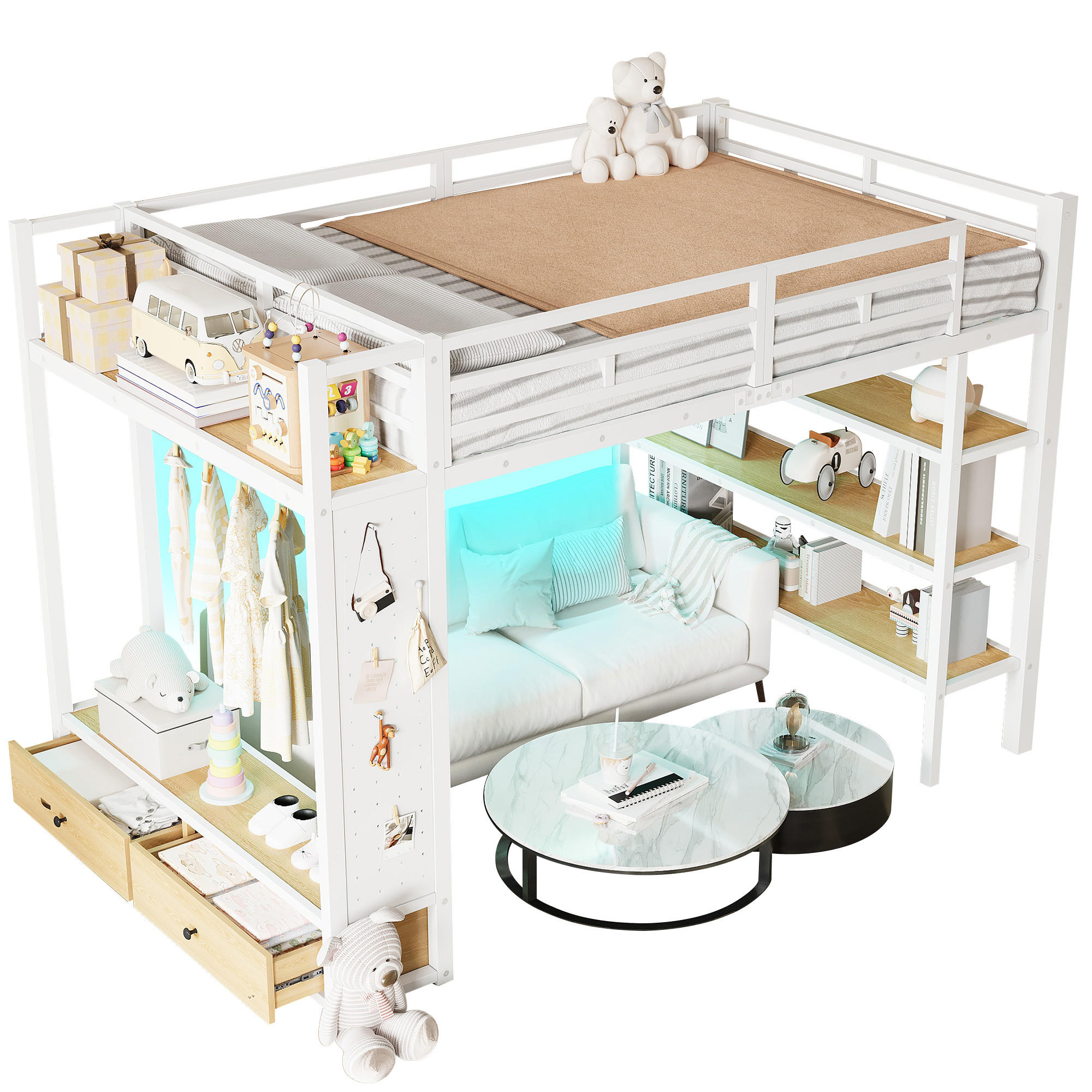 HOCHBETT 140/200 cm in Weiß mit Kleiderschrank, 2 Schubladen und LED - Weiß, Holzwerkstoff/Metall (140/200cm) - STILVORA