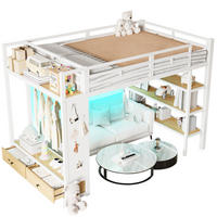 HOCHBETT 140/200 cm in Weiß mit Kleiderschrank, 2 Schubladen und LED - Weiß, Holzwerkstoff/Metall (140/200cm) - STILVORA