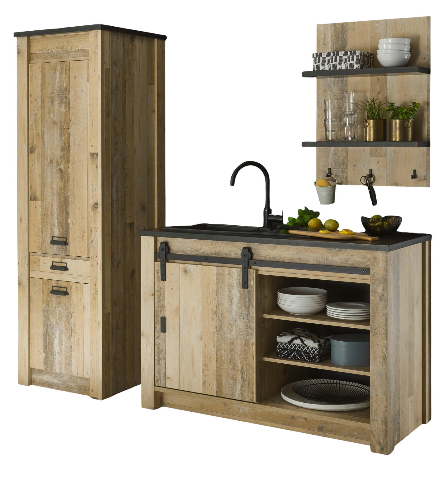 KÜCHENBLOCK in Used Wood Vintage 210 cm, Küchenschrank Set 3-teilig mit Schiebetüren und Soft-Close - Anthrazit/Schwarz, Holzwerkstoff/Metall (210/201/64cm) - Furn.Design