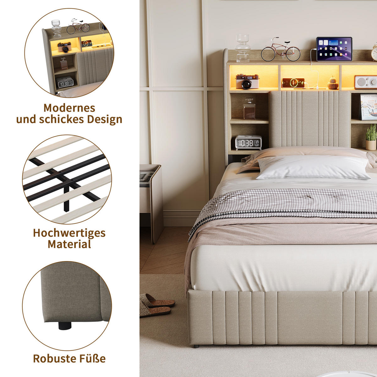 POLSTERBETT 90/200 cm Beige mit 2 Schubladen, LED-Kopfteil mit Ablage und USB - Beige, Metall (90/200cm) - EuroLiving