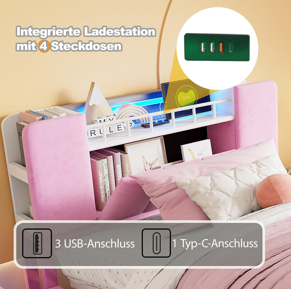 POLSTERBETT für Kinder mit Stauraum, LED und USB 90x200 cm Samt Rosa - Pink, Metall (90/200cm) - Beauniv