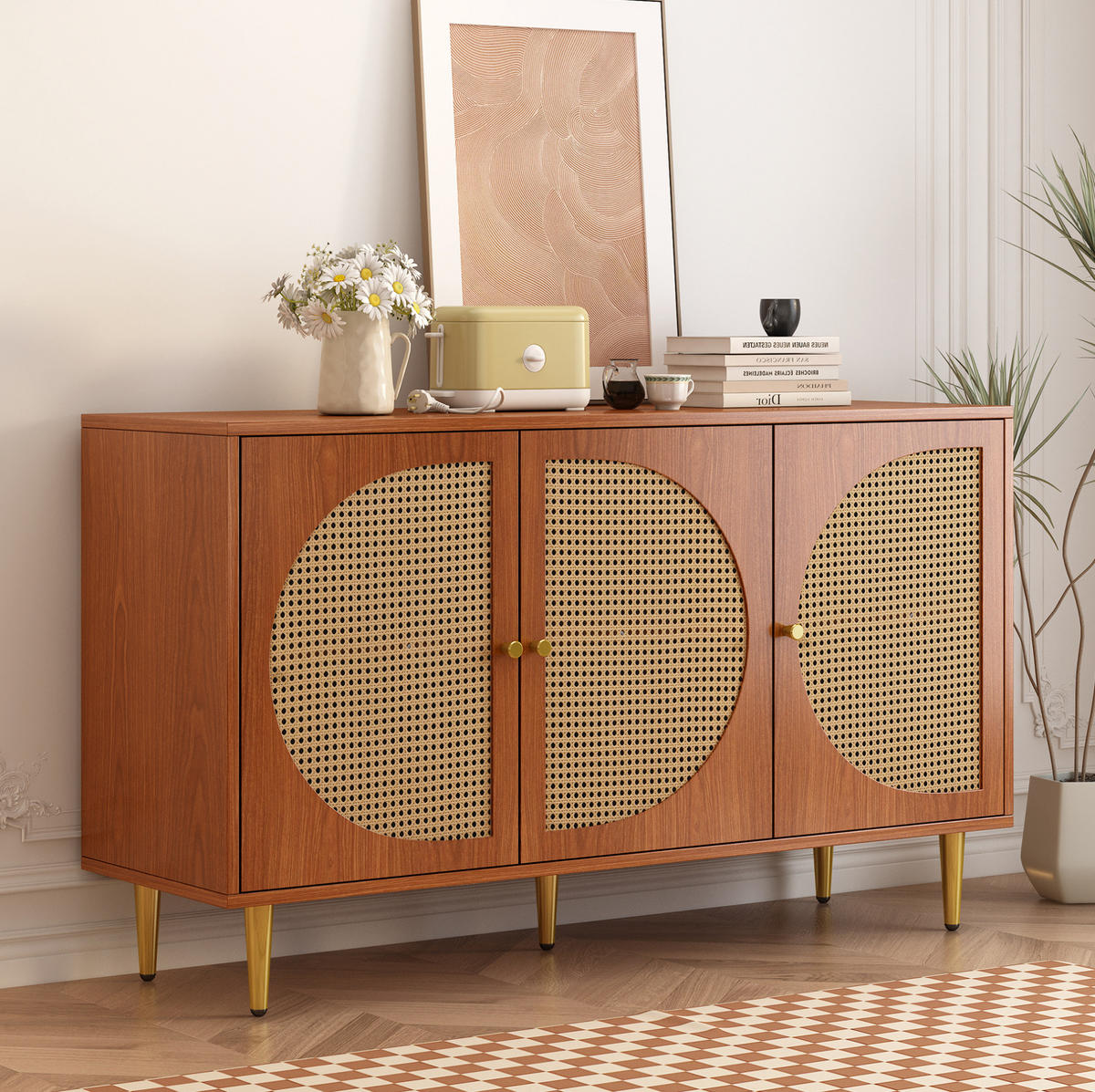 SIDEBOARD aus Spanplatte 129,8x40x76 cm Walnuss mit 3 Türen, verstellbaren Einlegeböden und Rattan-Optik - Walnussfarben, Holzwerkstoff (129.8/76/40cm) - Modfu