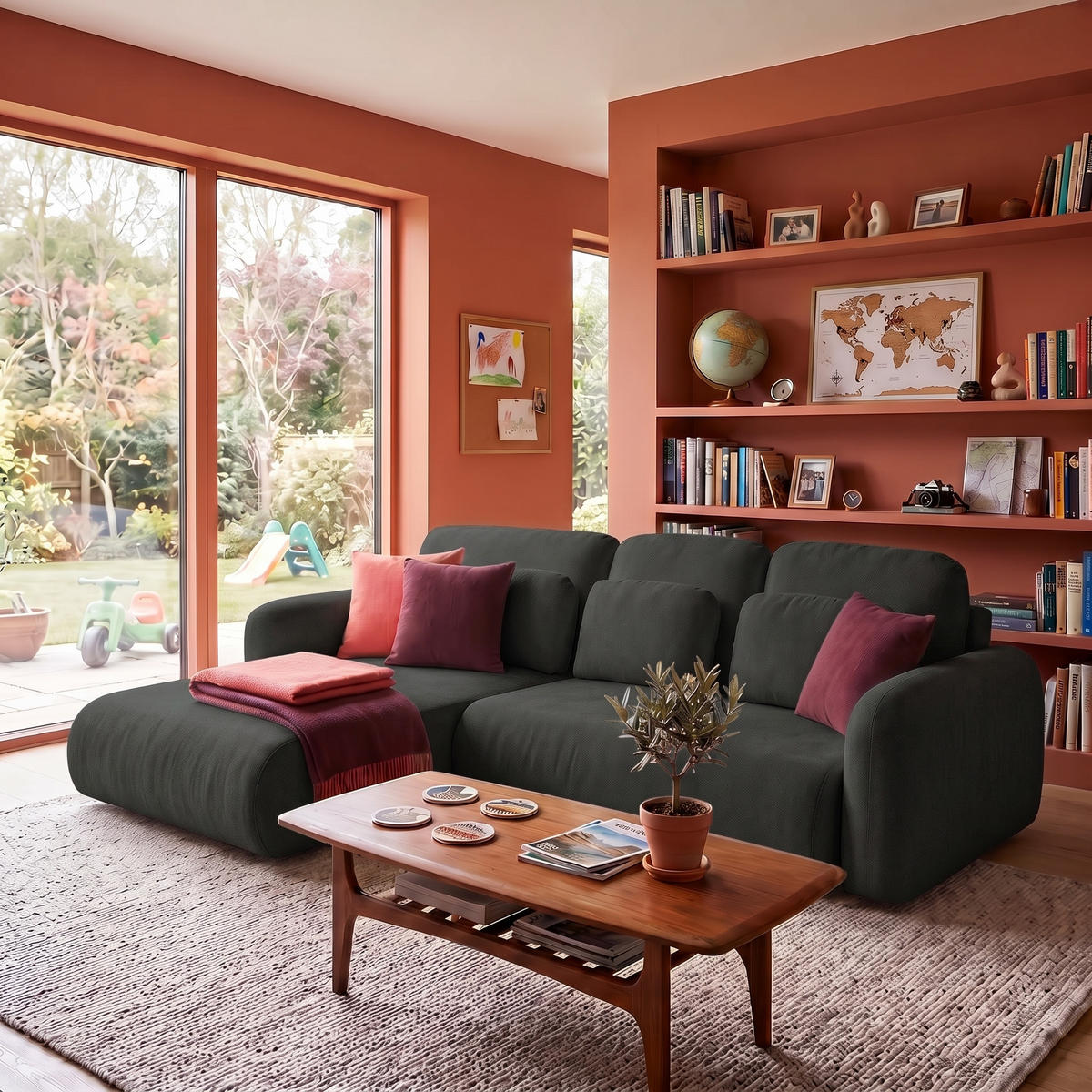 ECKSOFA NEST L Universal mit Schlaffunktion 157x240 Webstoff Dunkelgrau - Dunkelgrau/Schwarz, Holz/Textil (280/187cm) - Muffo