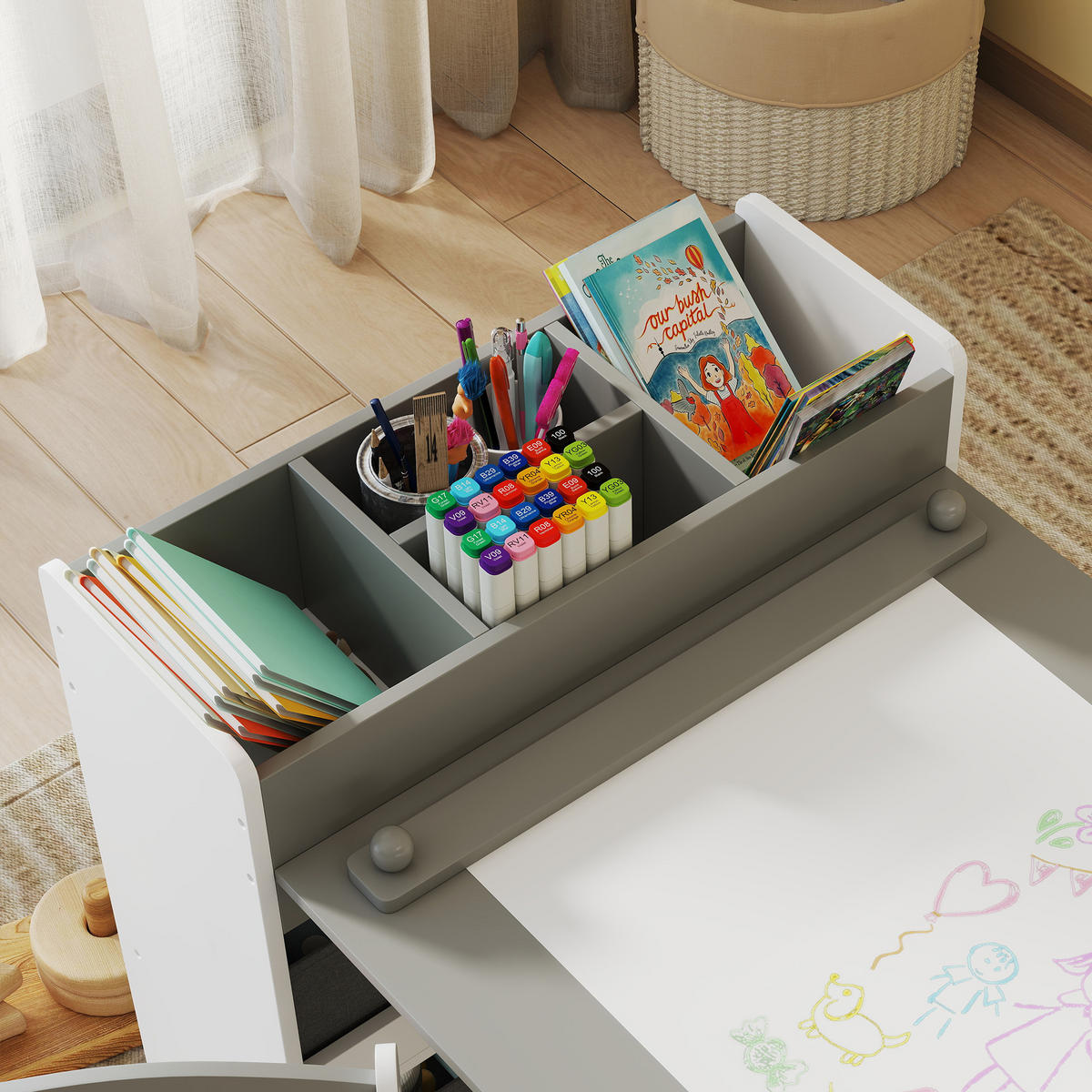 KINDERSITZGRUPPE DE-17533 mit Papierrolle, Regalen & Schubladen Grau - Grau, Holzwerkstoff (58/64/102.5cm) - ComfortXL