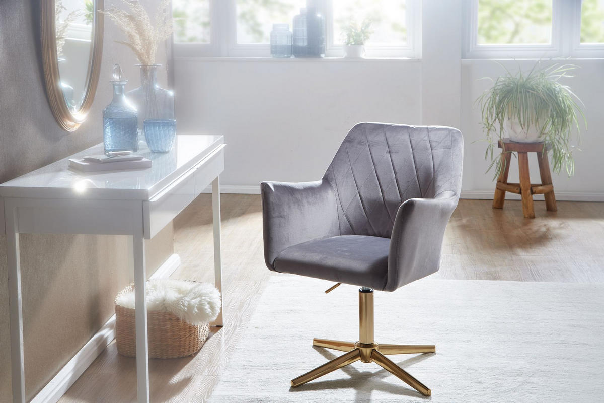 DREHSTUHL Samt mit Armlehnen Eisengestell 360° Funktion, Grau 97x55x55 cm - Goldfarben/Grau, Textil/Metall (97/55/55cm) - KADIMA DESIGN