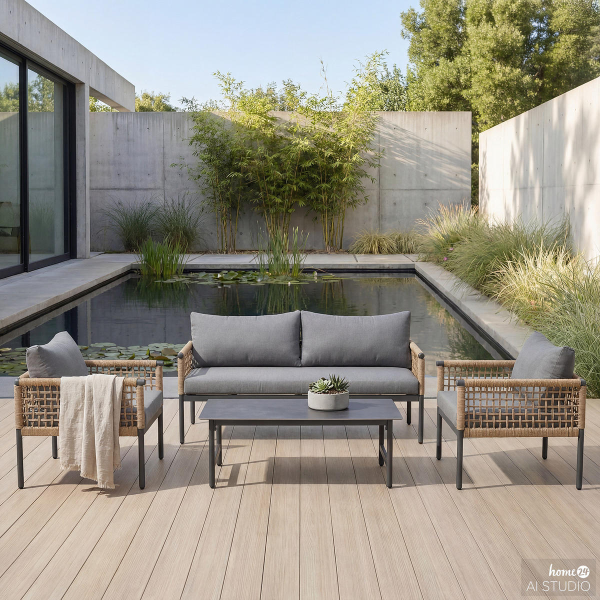 LOUNGEGRUPPE - 4-teilig - Stahl / Webstoff - Grau - Weiß/Grau, Kunststoff/Textil - home24