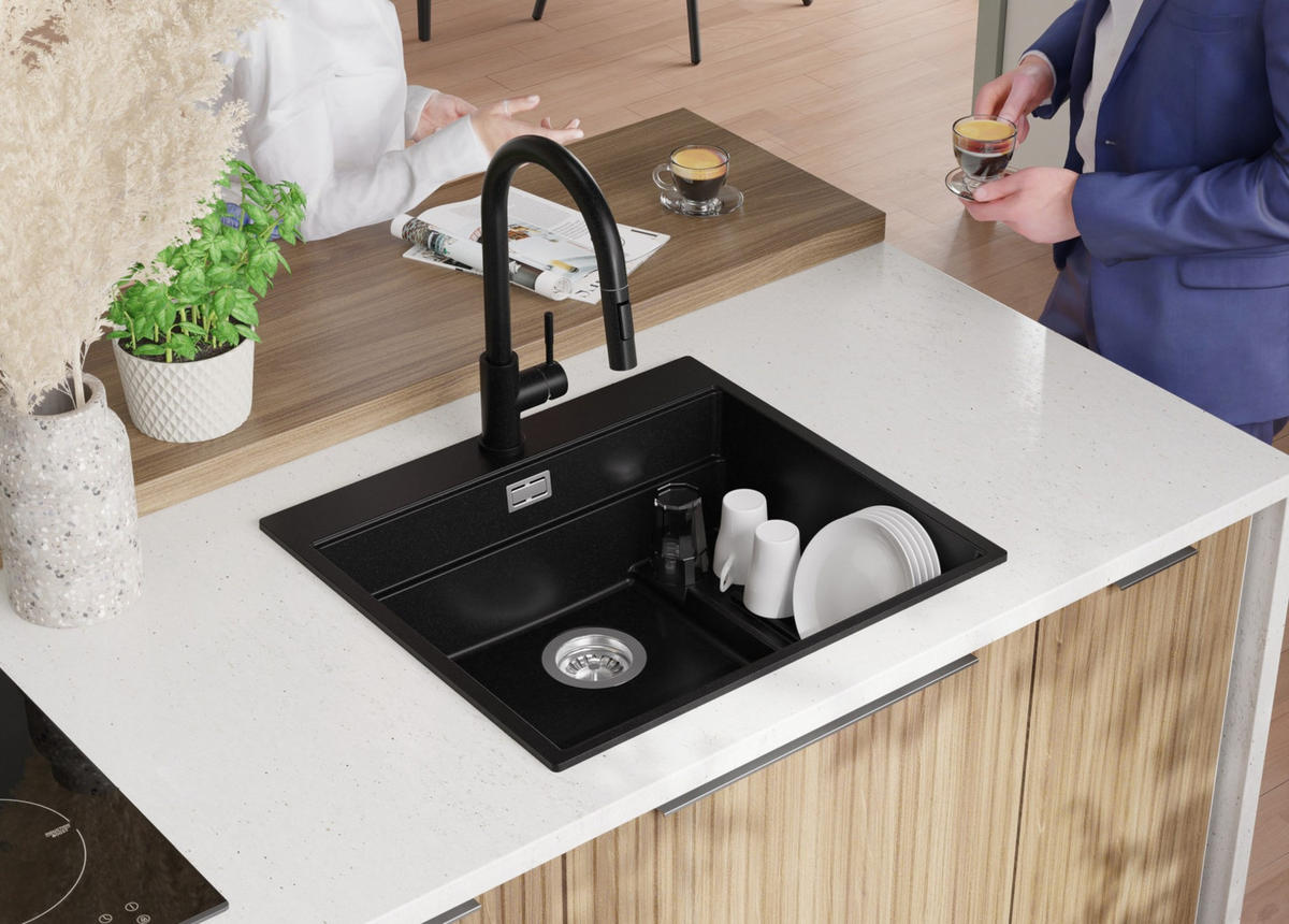 SPÜLBECKEN Oslo Max, 2-er set Alles Schwarz 58/53 cm 1 Becken + Ablauf-Set + Küchenzubehörset ab 60er Unterschrank - Schwarz, Kunststoff (58/20/53cm) - Primagran