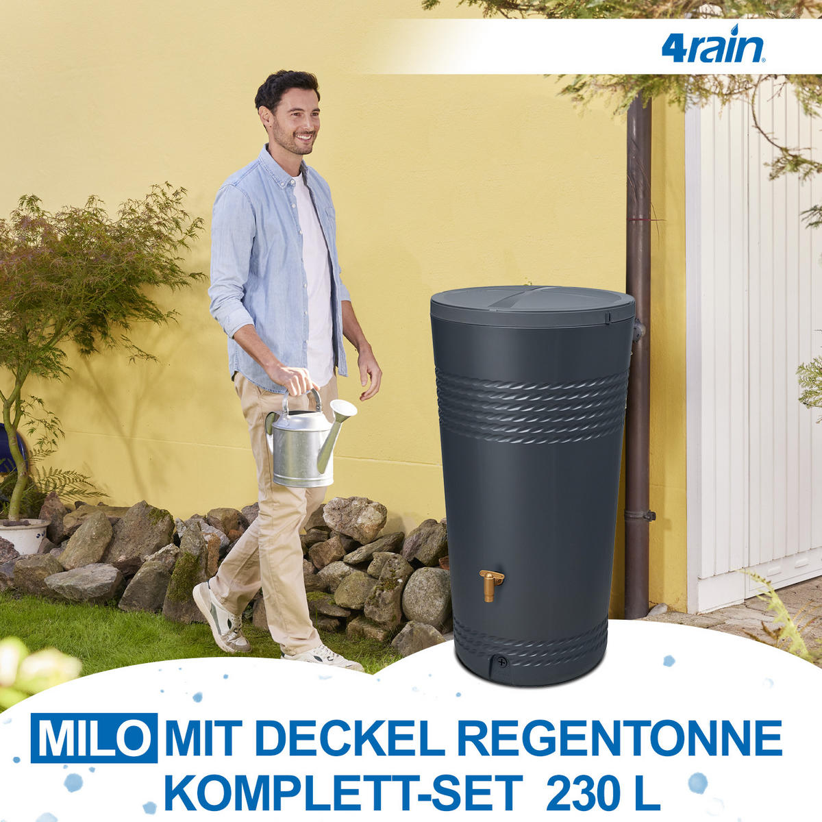 REGENTONNEN Komplett-Set 230 L graphite grey inkl. Kunststoff-Auslaufhahn und Fallrohranschluss - Grau, Kunststoff (59/114/59cm) - 4rain