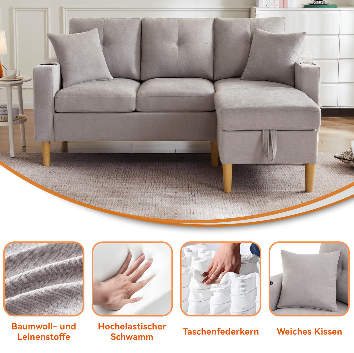 ECKSOFA Baumwolle-Leinen mit Stauraum und Getränkehaltern 175/129/90 cm Hellgrau mit 2 Kissen - Hellgrau, Textil (175/129cm) - Redom
