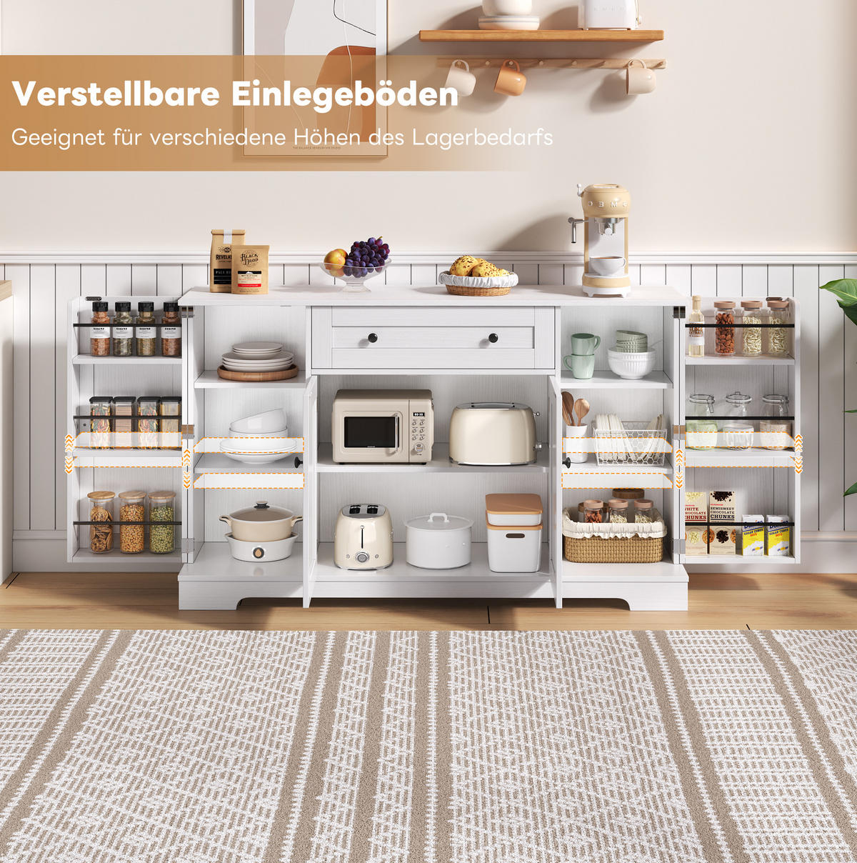 SIDEBOARD 138 cm in Weiß mit Schublade und verstellbaren Einlegeböden - Weiß, Holzwerkstoff (138/85/40cm) - Flora Grace