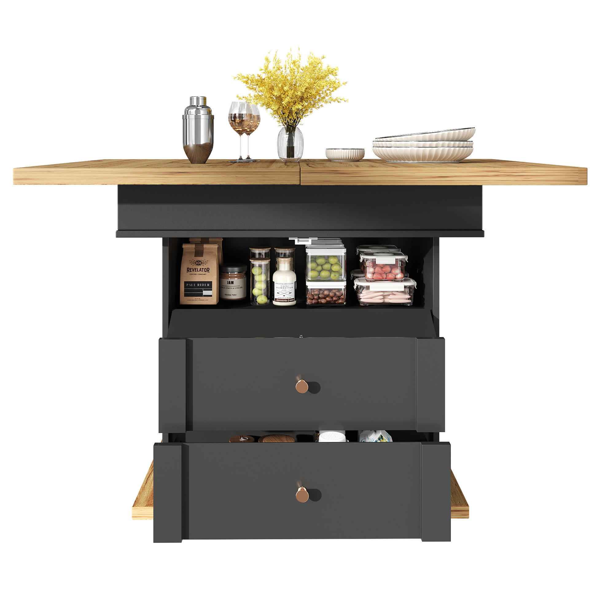 Modfu JÍDELNÍ stůl z MDF 110–140x80x75 cm černá/přírodní rozkládací se skrytým úložným prostorem a soft-close dvířky