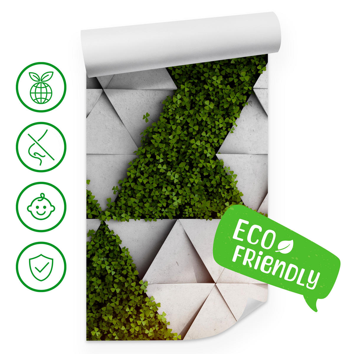 FOTOTAPETE für Wohnzimmer Klee Beton Dreiecke Abstraktion Modern 450x315 - Grau/Grün, Papier (450/315cm) - Muralo