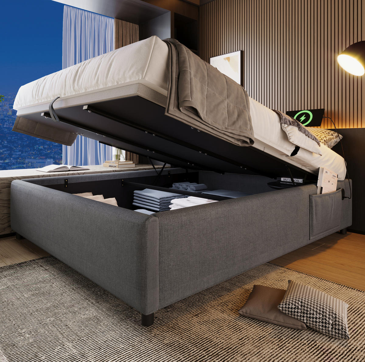 POLSTERBETT 140/200 cm Grau Stauraumbett mit USB- und Type-C-Anschlüssen - Grau, Textil (140/200cm) - OKWISH