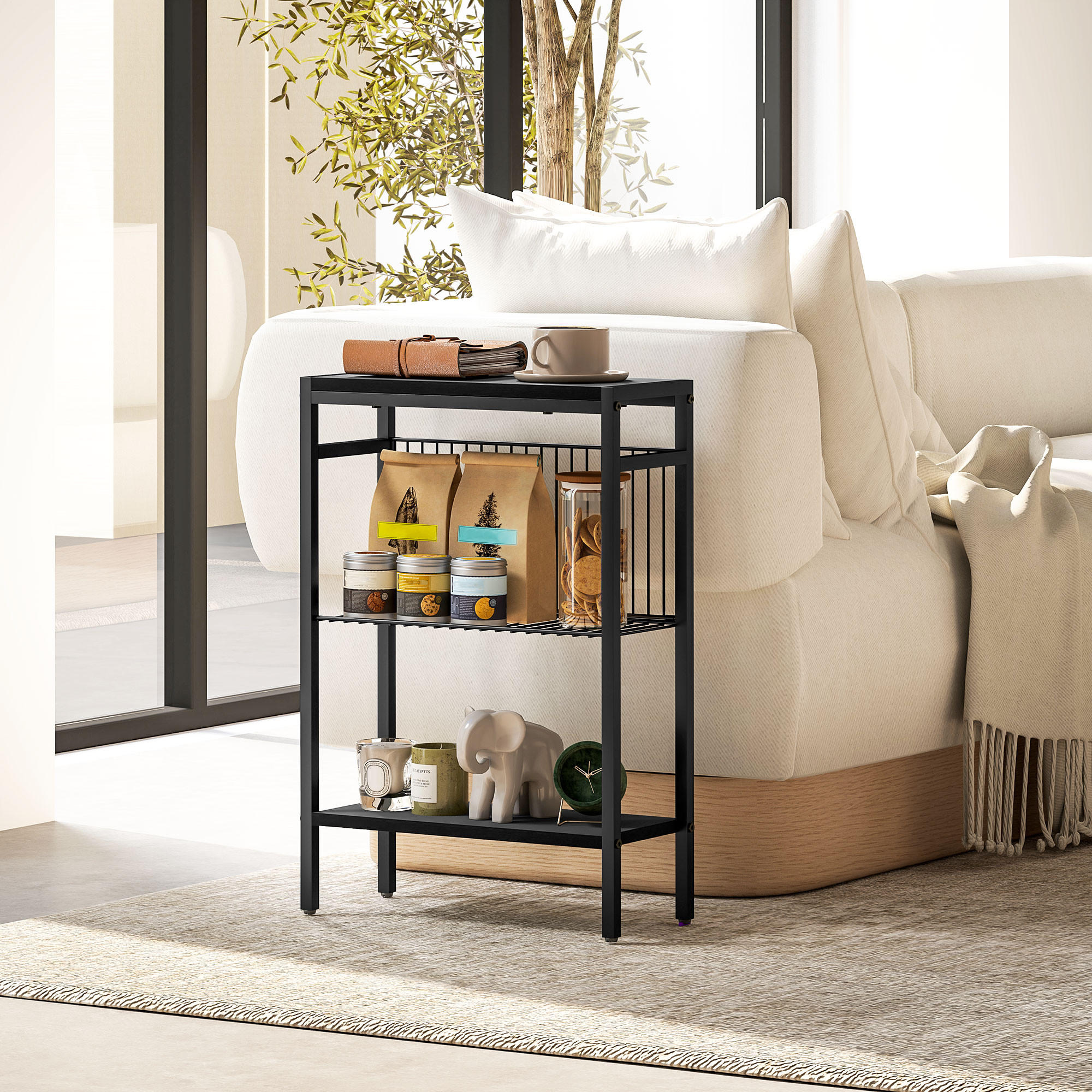 BEISTELLTISCH kleiner Couchtisch mit 2 Ablagen, Stahlrahmen für Wohnzimmer - Schwarz, Karton (43/18/62.5cm) - HOMCOM