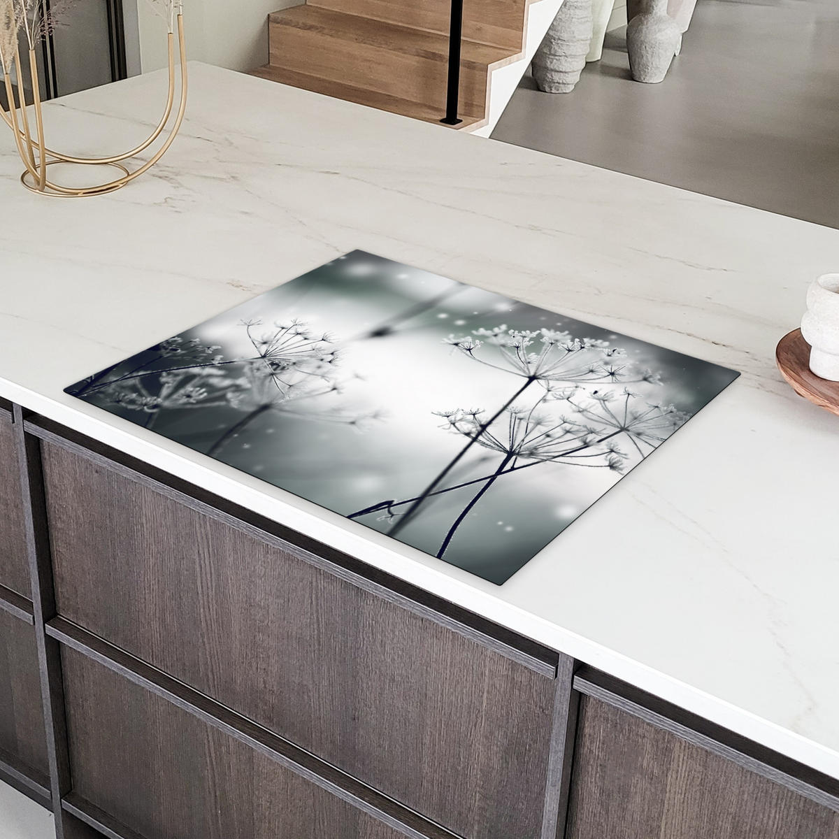HERDABDECKPLATTE Blumen - Winter - Schnee - Natur Induktionsmatte 77x59 cm - Grau, Kunststoff (77/59/0.2cm) - MuchoWow