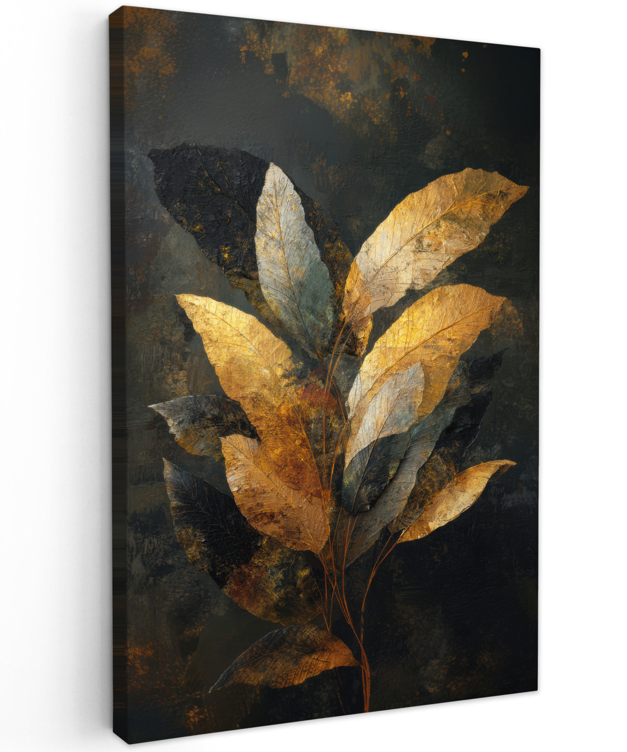LEINWANDBILD Golden Leaf Komposition - Botanical Luxury Deko XXL 80x120 cm - Goldfarben/Schwarz, Textil (80/120cm) - MuchoWow