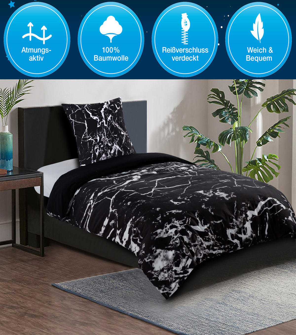 BETTWÄSCHE 2-teilig Marmor Schwarz - Schwarz, Naturmaterialien (135/200cm) - Sanilo