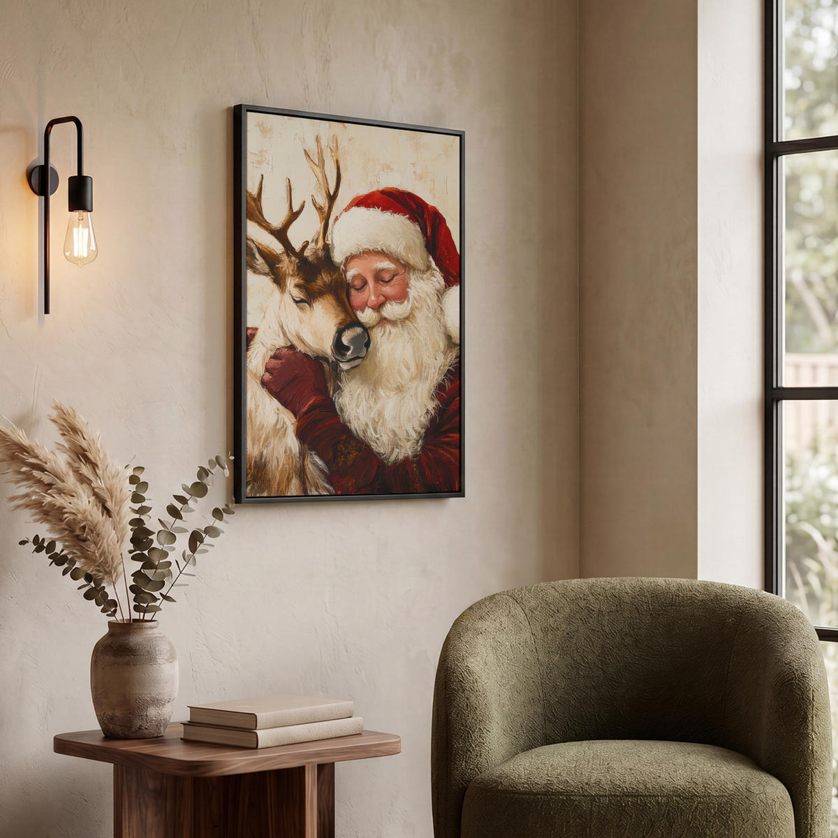 LEINWAND Bilder mit Rahmen - Weihnachtsmann - Rentier - Weihnachten - 60x80 - Rotbraun, Textil (60/80cm) - MuchoWow