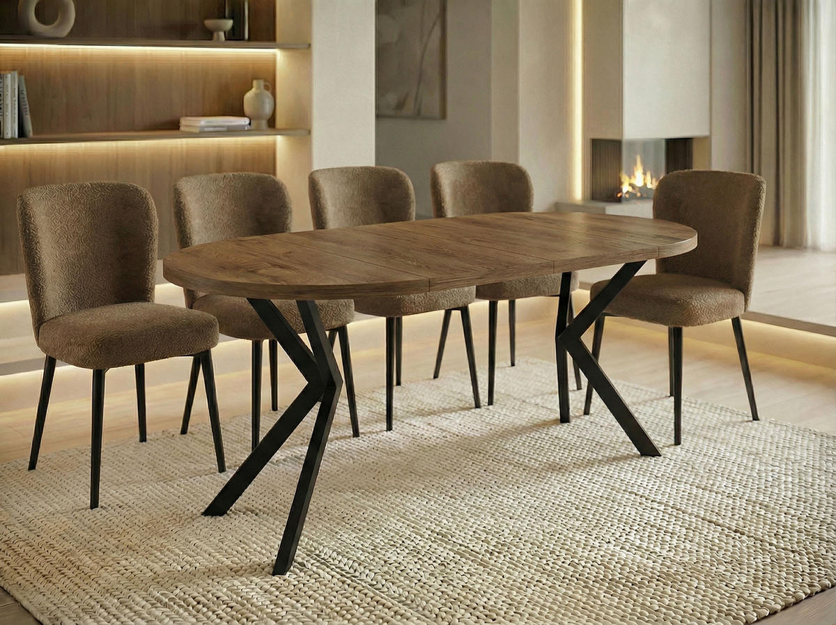 ESSTISCH Valeo runder ausziehbarer, Lefkas Eiche 100-180/100/76 cm - Alteiche/Schwarz, Holzwerkstoff/Metall (100/100/76cm) - WFL GROUP