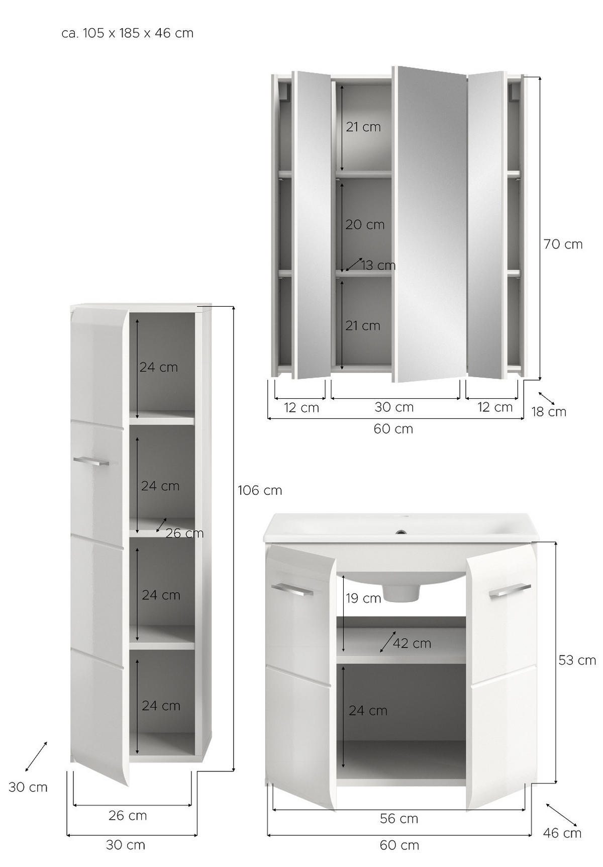 BADMÖBEL SET 3-teilig weiß Hochglanz 105 cm, Badkombination inklusive Waschbecken - Weiß Hochglanz/Silberfarben, Holzwerkstoff/Kunststoff (105/185/46cm) - Inn.Furn