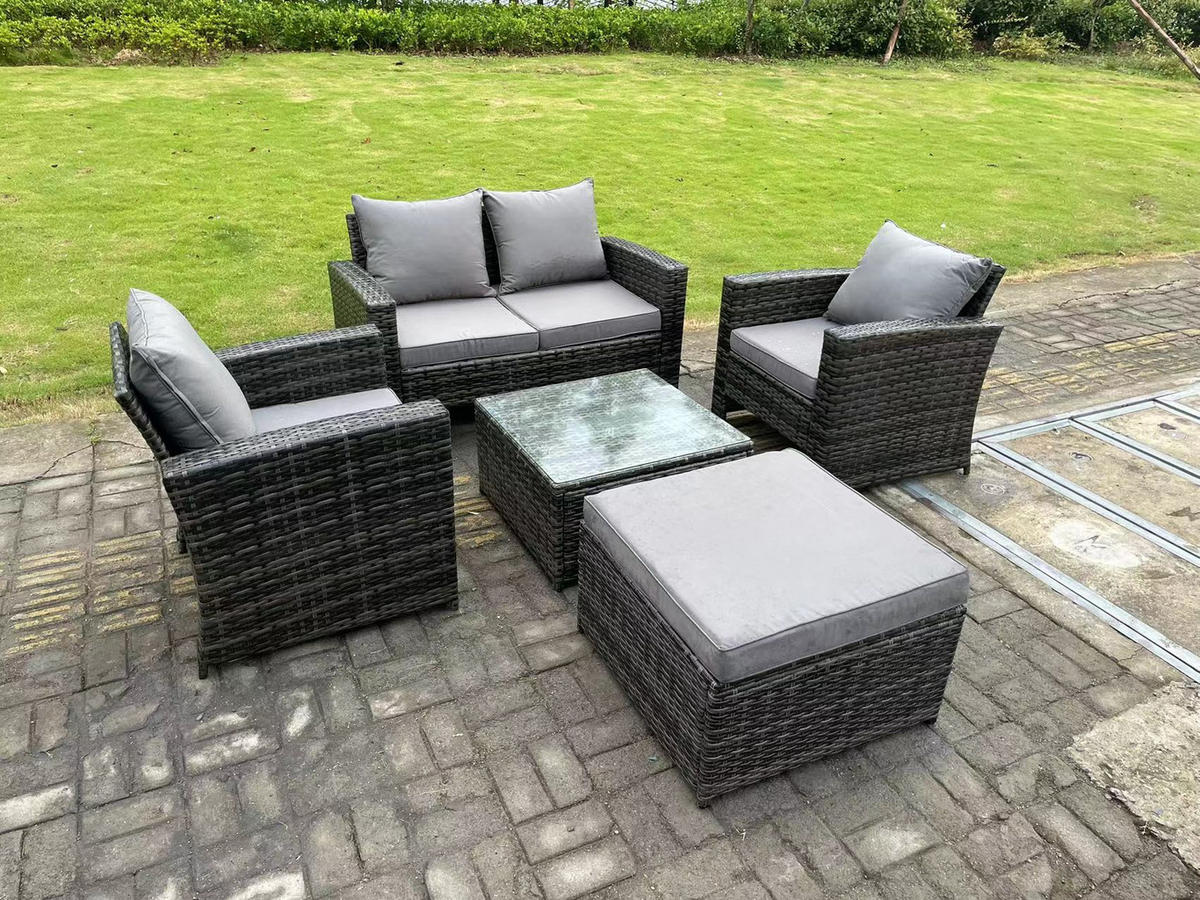GARTENSOFA SET mit Couchtisch Polyrattan Dunkelgrau 5-Sitzer - Dunkelgrau, Metall - Fimous