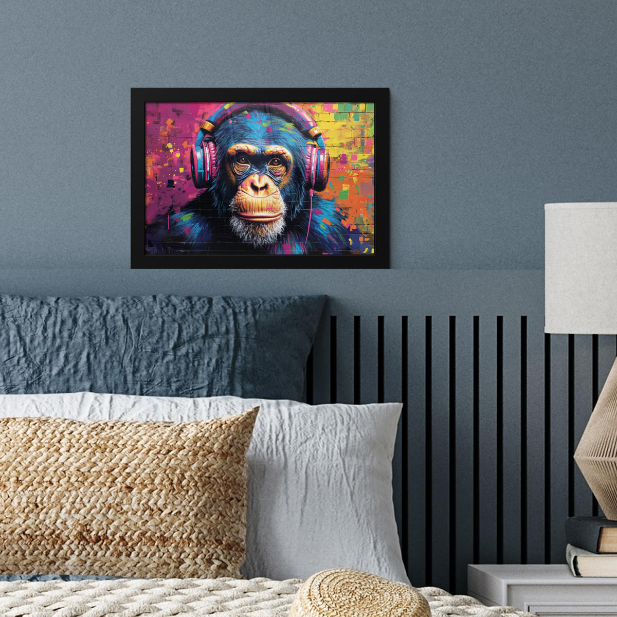 ZARÁMOVANÝ PLAGÁT Graffiti - Šimpanz - Street art - Slúchadlá - Opica 30x20 cm - modrá, papier (30/20cm) - MuchoWow