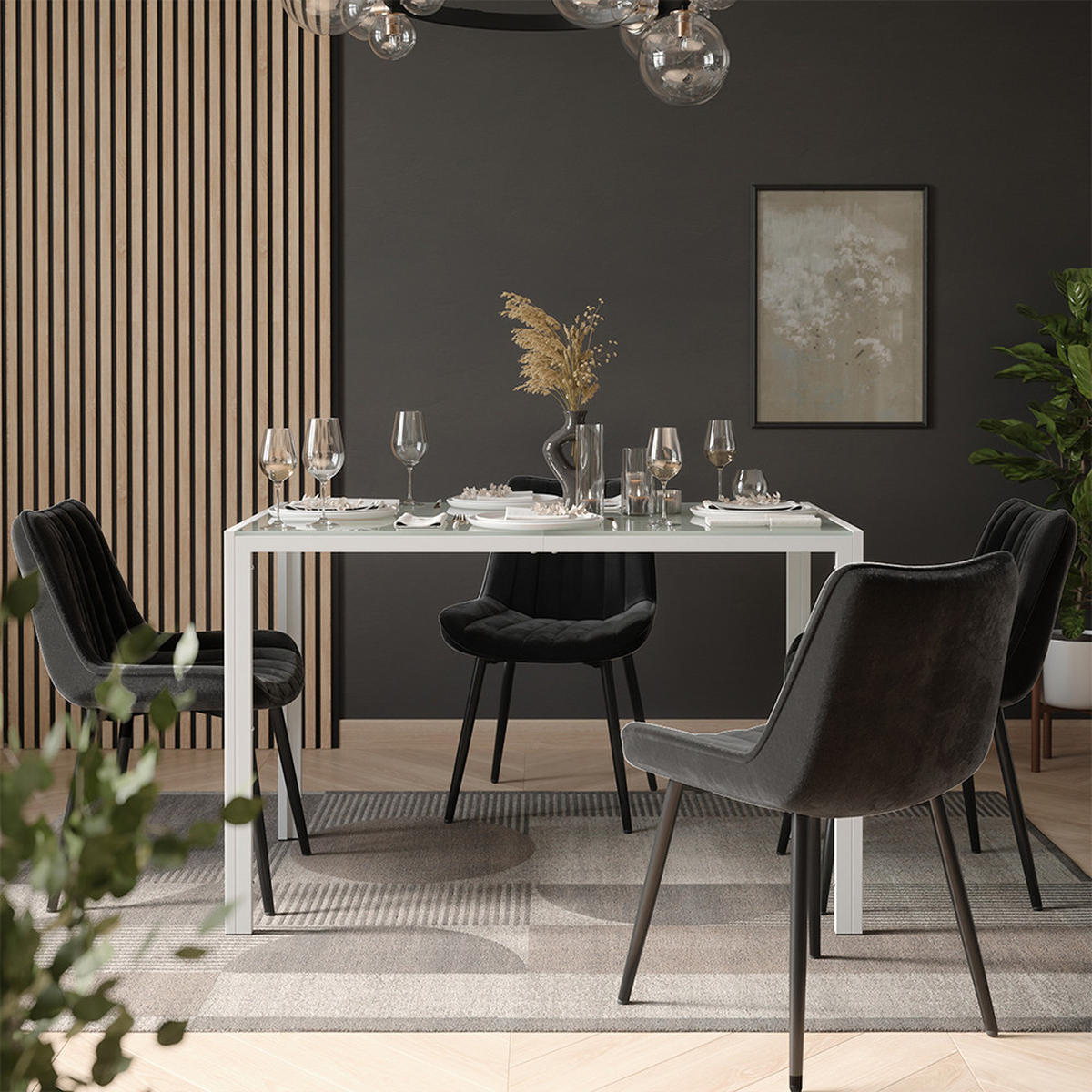 JÍDELNÍ STŮL SESTAVA Grand, Bílá, 120 x 70 cm se 4 židlemi (černé) - bílá, sklo (120/74.5/70cm) - Vicco