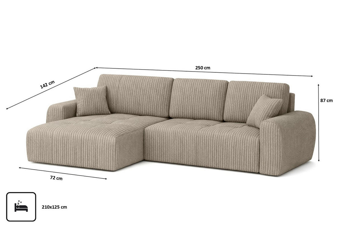 ECKSOFA Mit Schlaffunktion Und Bettkasten L-Form Ivo L, Cordstoff Poso, Dunkelbeige, Links - Beige, Holz (250/142cm) - Kaiser Möbel