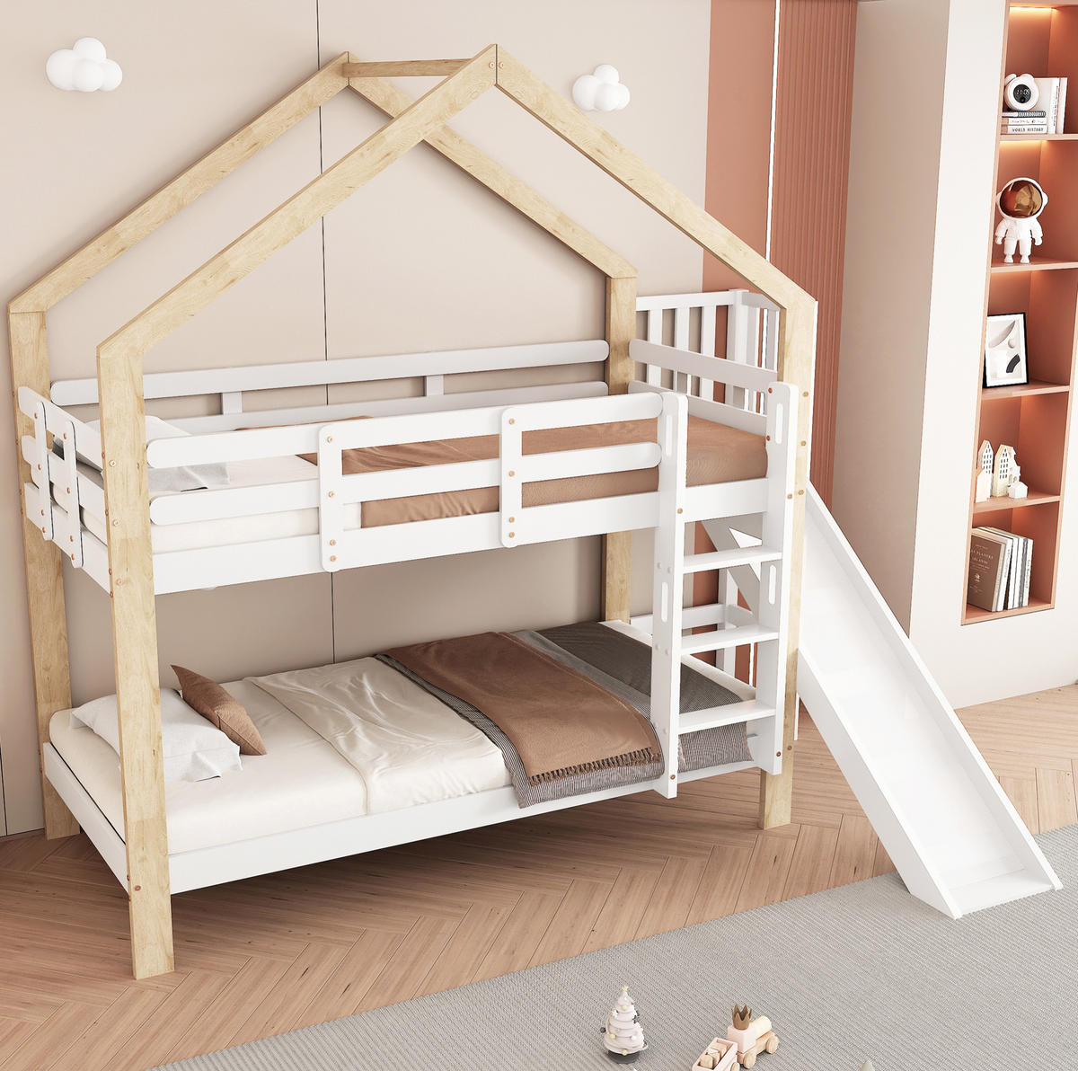 DOMČEKOVÁ posteľ z masívu a MDF, 90/200 cm biela/prírodná, so šmykľavkou - biela, kompozitné drevo (90/200cm) - BEAOK