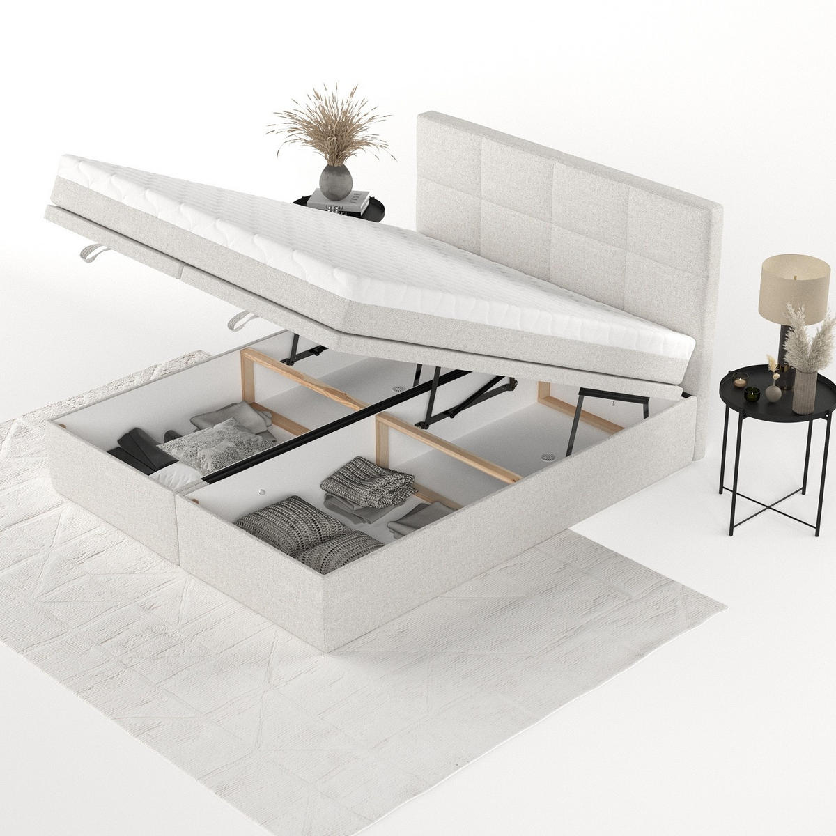 BOXBETT Tessa 200/200 cm Hellbeige im Riva Stoff - Sandfarben/Schwarz, Holz/Holzwerkstoff (200/200cm) - AltaBeds