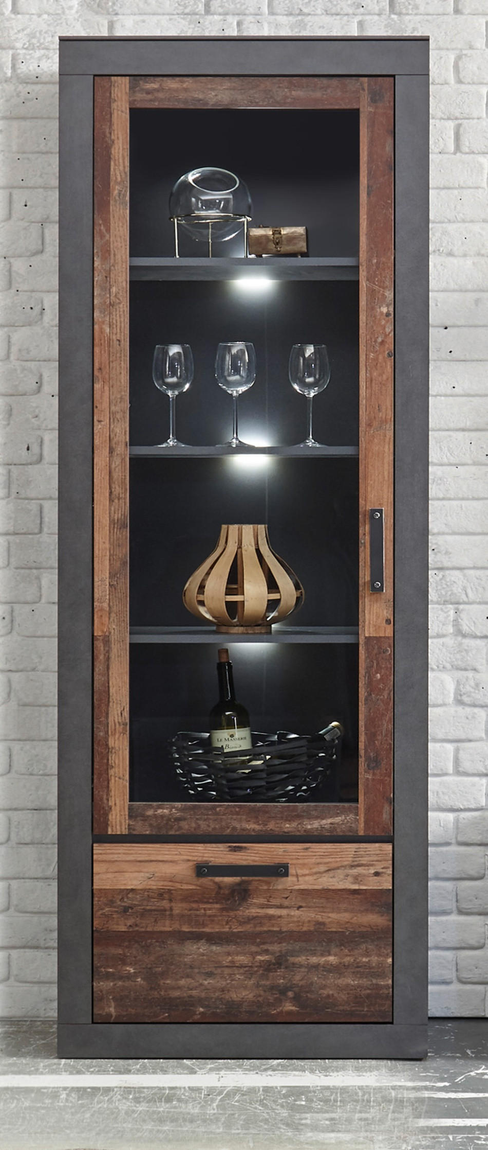 VITRINE Old Used Wood Shabby Design, grau, Vitrinenschrank mit 5 Fächern - Braun/Grau, Glas/Holzwerkstoff (65/201/40cm) - Furn.Design
