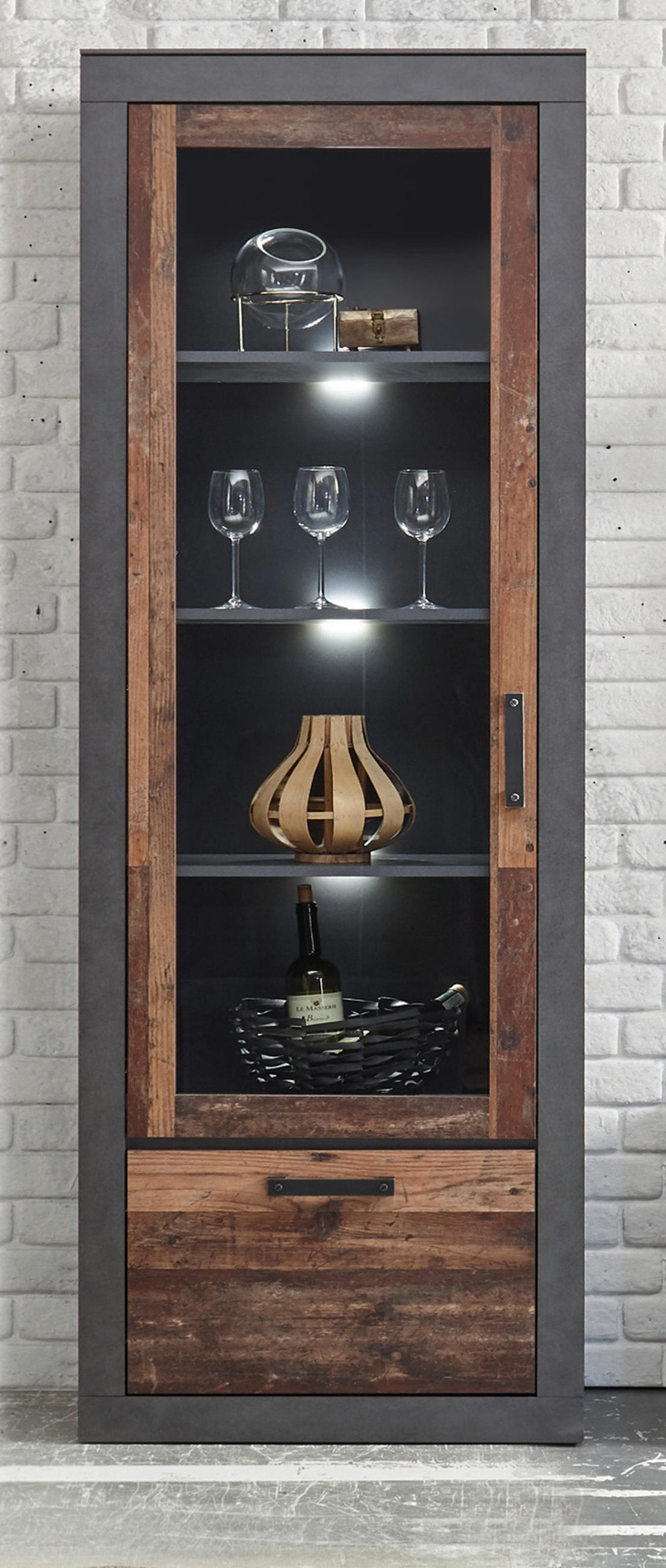 VITRINE Old Used Wood Shabby Design, grau, Vitrinenschrank mit 5 Fächern - Braun/Grau, Glas/Holzwerkstoff (65/201/40cm) - Furn.Design