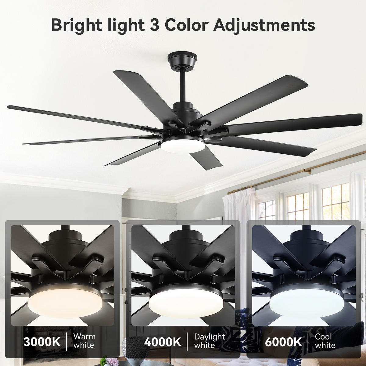 DECKENVENTILATOR DE-16201 52 Zoll mit 8 ABS-Flügeln & Fernbedienung - Schwarz, Kunststoff/Metall (132.08/132.08/26.8cm) - ComfortXL
