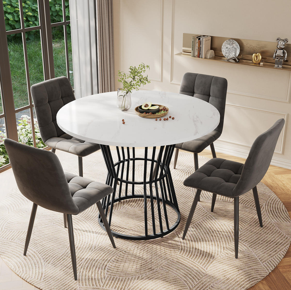 ESSTISCH 100x100x75 cm in Weiß und Schwarz aus MDF mit Marmormuster auf schwarzem Metallgestell - Schwarz, Holzwerkstoff (100/100/75cm) - Modfu