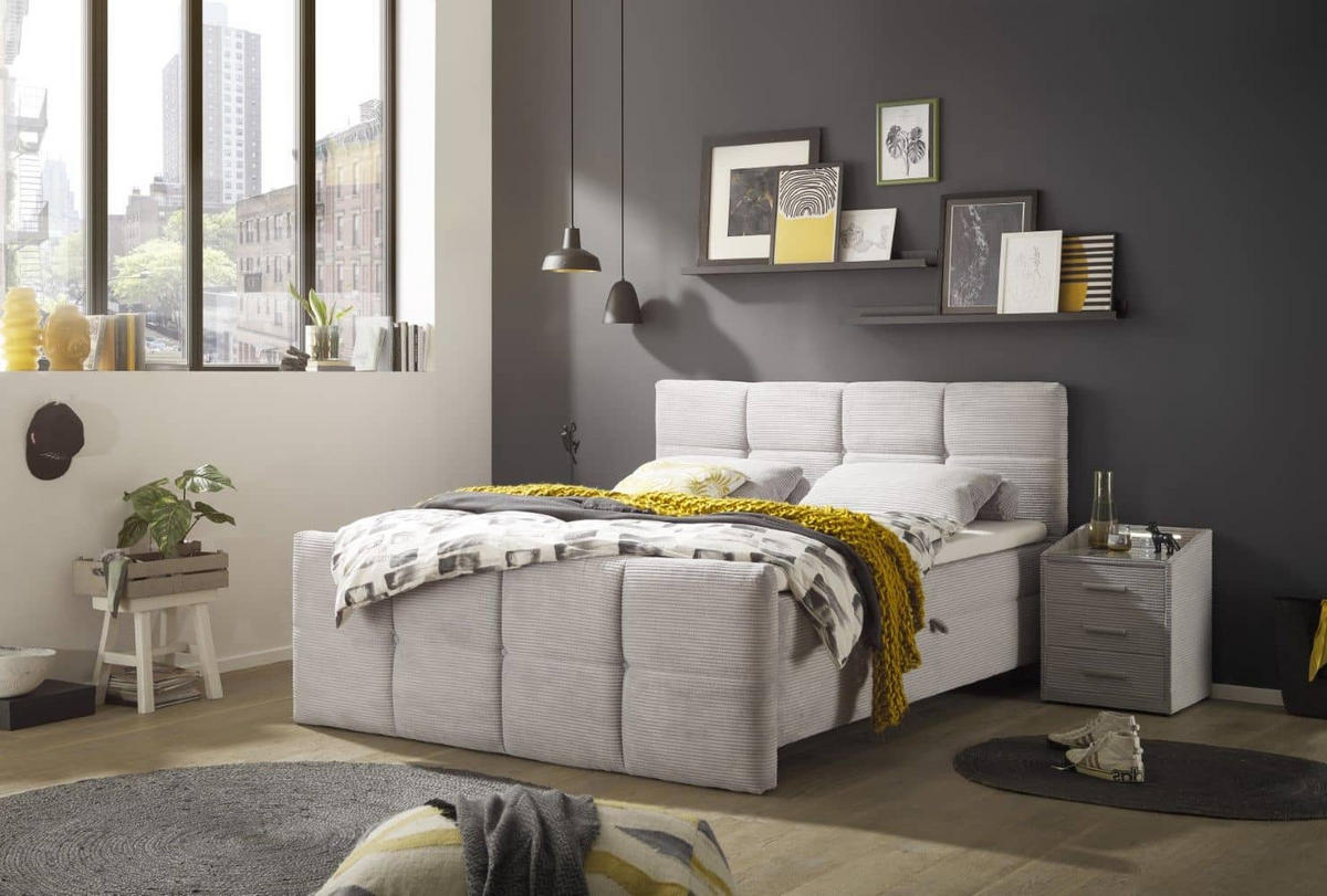 BOXBETT Breitcord, 7-Zonen-Tonnentaschen-Federkernmatratze, HR-30 Topper, Bettkasten - Hellgrau/Schwarz, Holz/Kunststoff (180/200cm) - ed exciting design